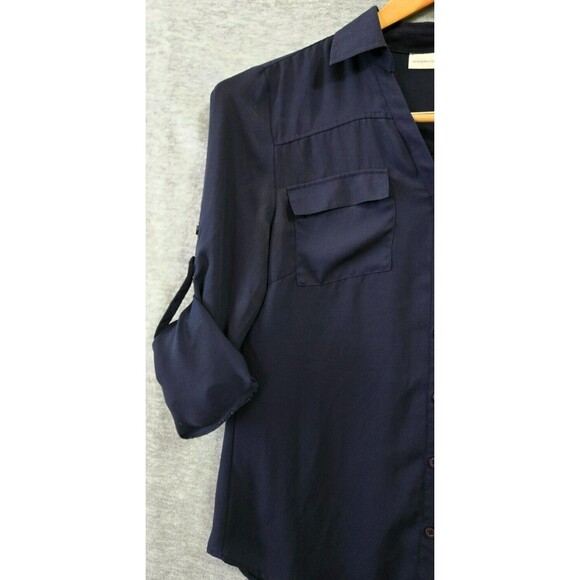 New York & Co Women Blouse Roll Tab Sleeve Button-Down Navy Size Medium - Picture 3 of 9
